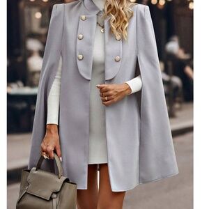 Classic Button Detail Open Front Cape Cloak Coat Jacket